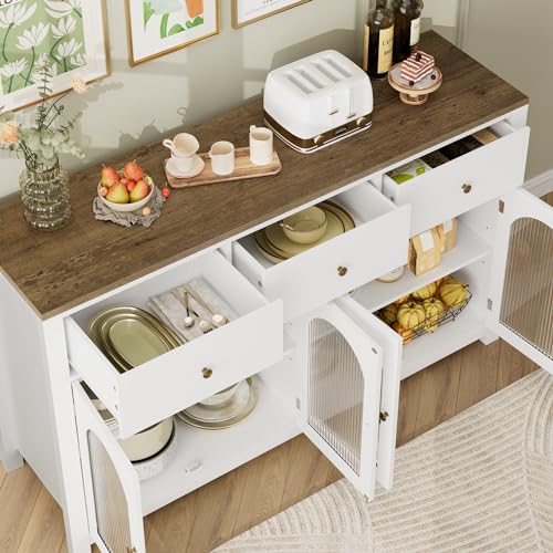 FINETONES Buffet Cabinet with Storage, 55.1" Large Sideboard Buffet Farmhouse Kitchen Cabinet with 3 Drawers and 4 Doors, Wood Coffee Bar for Kitchen, Black