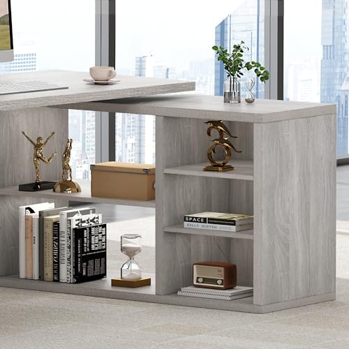 HSH L Shaped Computer Desk, Rustic Wood Corner Desk, Industrial Writing Workstation Table with Cabinet Drawer Storage for Home Office Study, Grey 55 inch