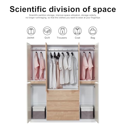 Armoire Wardrobe Closet Cabinet, 4 Door 3 Drawers Wooden Tall Cabinet Closet Wardrobe for High Storage Capacity, White Closet Cabinet with Hanging Rod 63" L x 20.3" W x 74.2" H