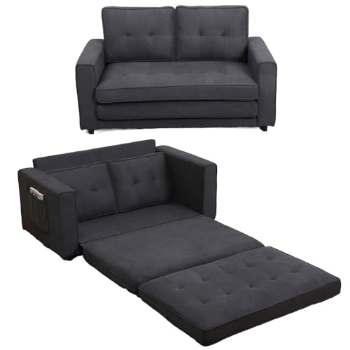 3 in 1 Upholstered Futon Sofa Convertible Floor Sofa bed, Foldable Tufted Loveseat with Pull Out Sleeper Couch Bed, Folding Mattres Love Seat Daybed W/Side Pockets for Living Room (Dark Grey)