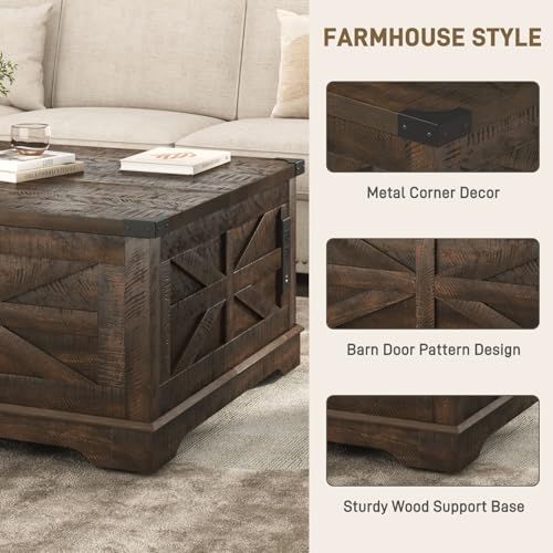 36" Farmhouse Movable Lift Top Coffee Table with Storage and Power Outlets, Square Wood Living Room Tables with Wheels&Large Hidden Space, Lift Wooden Barn Door Center Table, White