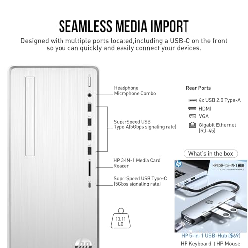 HP Desktop Computer Tower PC, AMD Ryzen 5 Pavilion Desktop Tower for Business and Gaming, 32GB RAM 2TB SSD, Lifetime Microsoft Office, Windows 11 Pro, Wi-Fi 6, Ethernet RJ-45, HDMI, USB-C