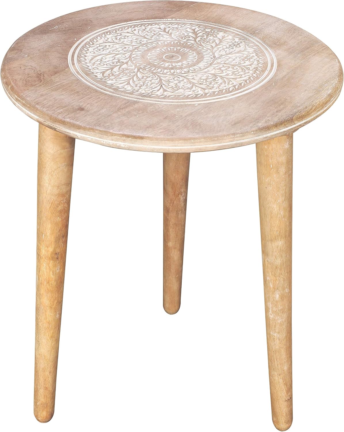 Solid Wood Hand Carved Accent Table, Side Table, entryway Table, Wooden end Table, Bedside Table, Octagonal Wooden Table - 18 Inch Round Top x 18 Inch High - Antique White