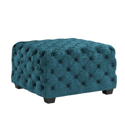Modern Glam Button Tufted Velvet Ottoman, Dark Teal and Dark Brown