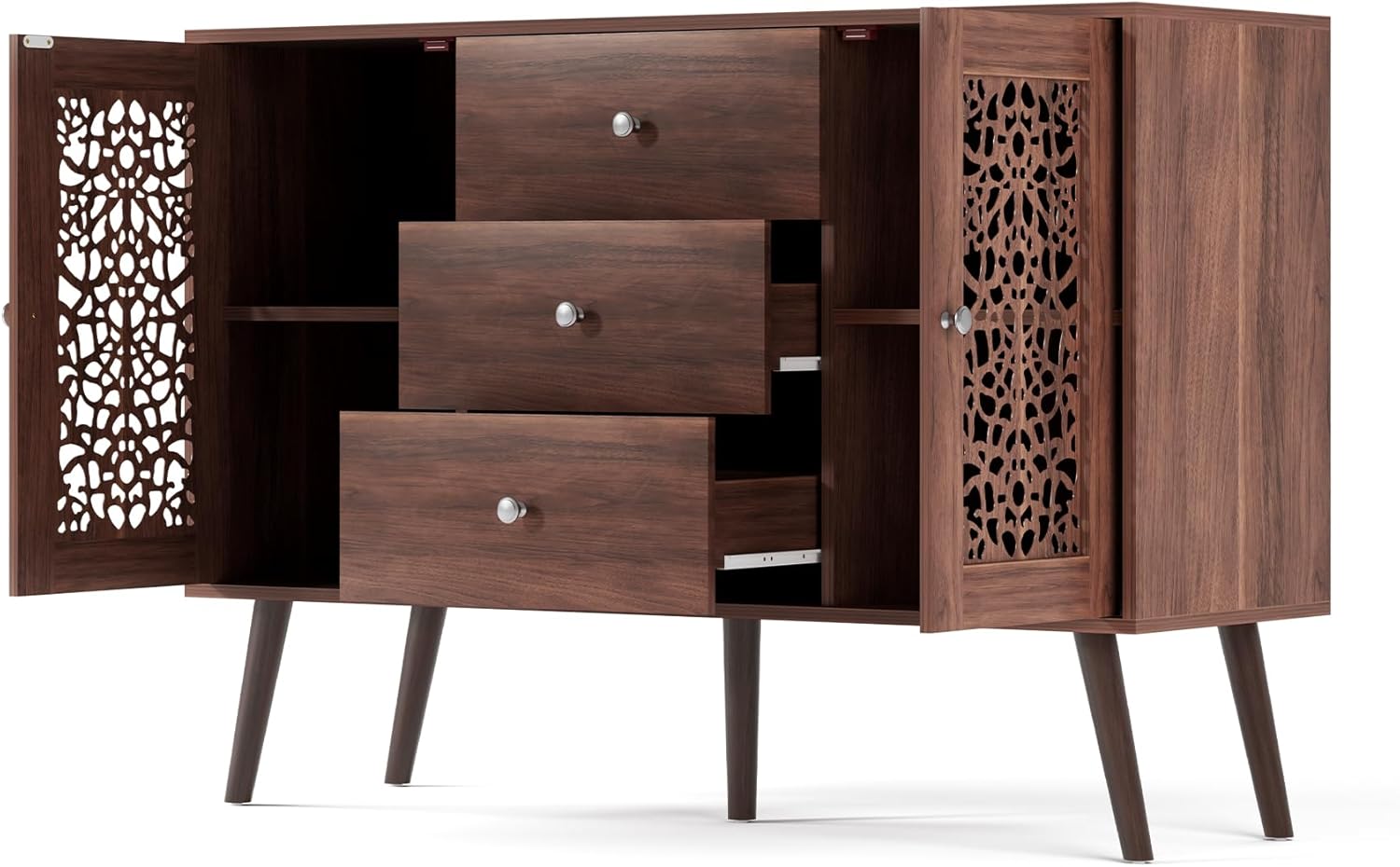 Hollow-Carved Accent Cabinet,Wood Coffee Bar Cabinet with 3 Drawers & 2 Doors, Adjustable Shelf,Retro Sideboard Buffet Cabinet for Dinning Room,Kitchen,Hallway,and Living Room