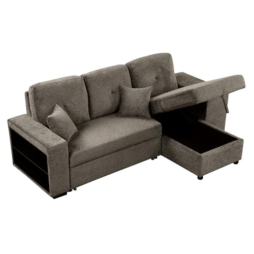 P PURLOVE Sectional Sofa with Pull-Out Sleeper Sofa Bed, Reversible Sectional Sofa with Storage Chaise and 2 Stools, L Shaped Couch Set for Living Room Apartment, Knox Charcoal