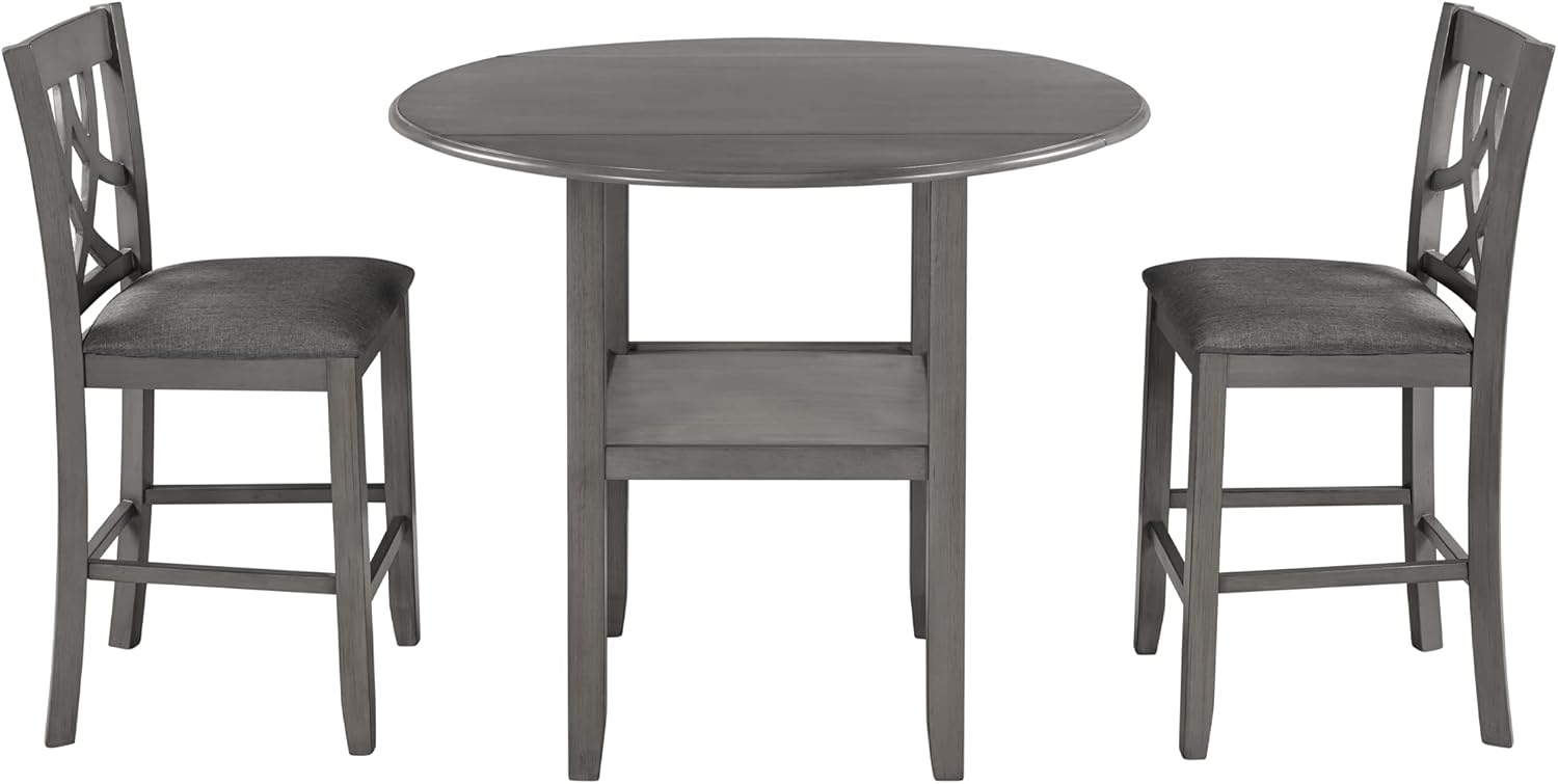 LUMISOL Farmhouse 3 Piece Round Counter Height Kitchen Dining Table Set with Drop Leaf Table, 1 Shelf and 2 Cross Back Padded Chairs for Small Places, Gray
