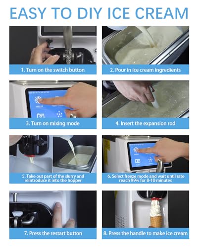 Commercial Ice Cream Maker Mchine, 7 Inch LCD Touch Screen 4.2 to 4.7 Gal/H Soft Serve Machine with Pre-cooling frequency conversion,1050W Soft Serve Ice Cream Machine With 1.6 Gal Tank