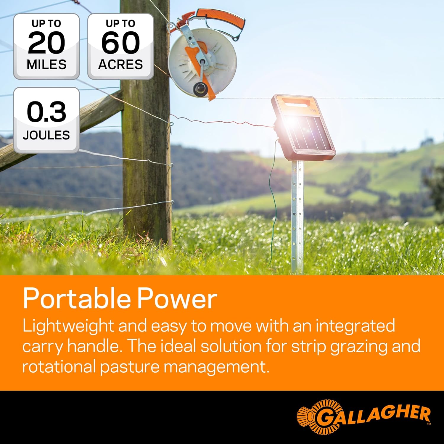 Gallagher S30 Solar Electric Fence Charger | Powers Up to 20 Miles / 60 Acres of Fence | Solar Lithium Technology | 0.3 Stored Joule Energizer | Built-in Earthing | Portable and Super Tough