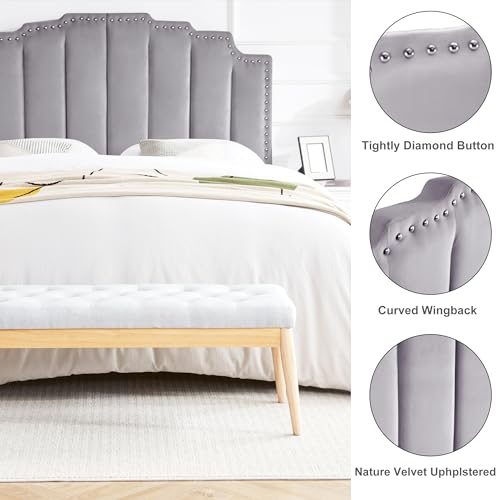 Kingfun Mid Century Headboard for King Size Bed, Velvet Upholstered Tufted Bed Headboard with Nailhead Decor, Adjustable Curved Solid Wood Head Board with Vertical Channel Design in Grey