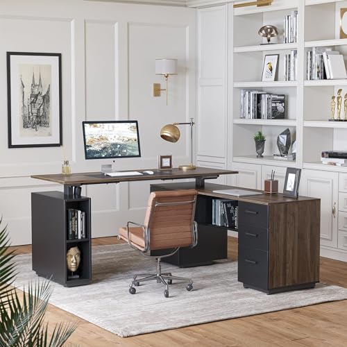 FEZIBO 63" L Shaped Executive Standing Desk with File Cabinet, Electric Height Adjustable, Black Walnut