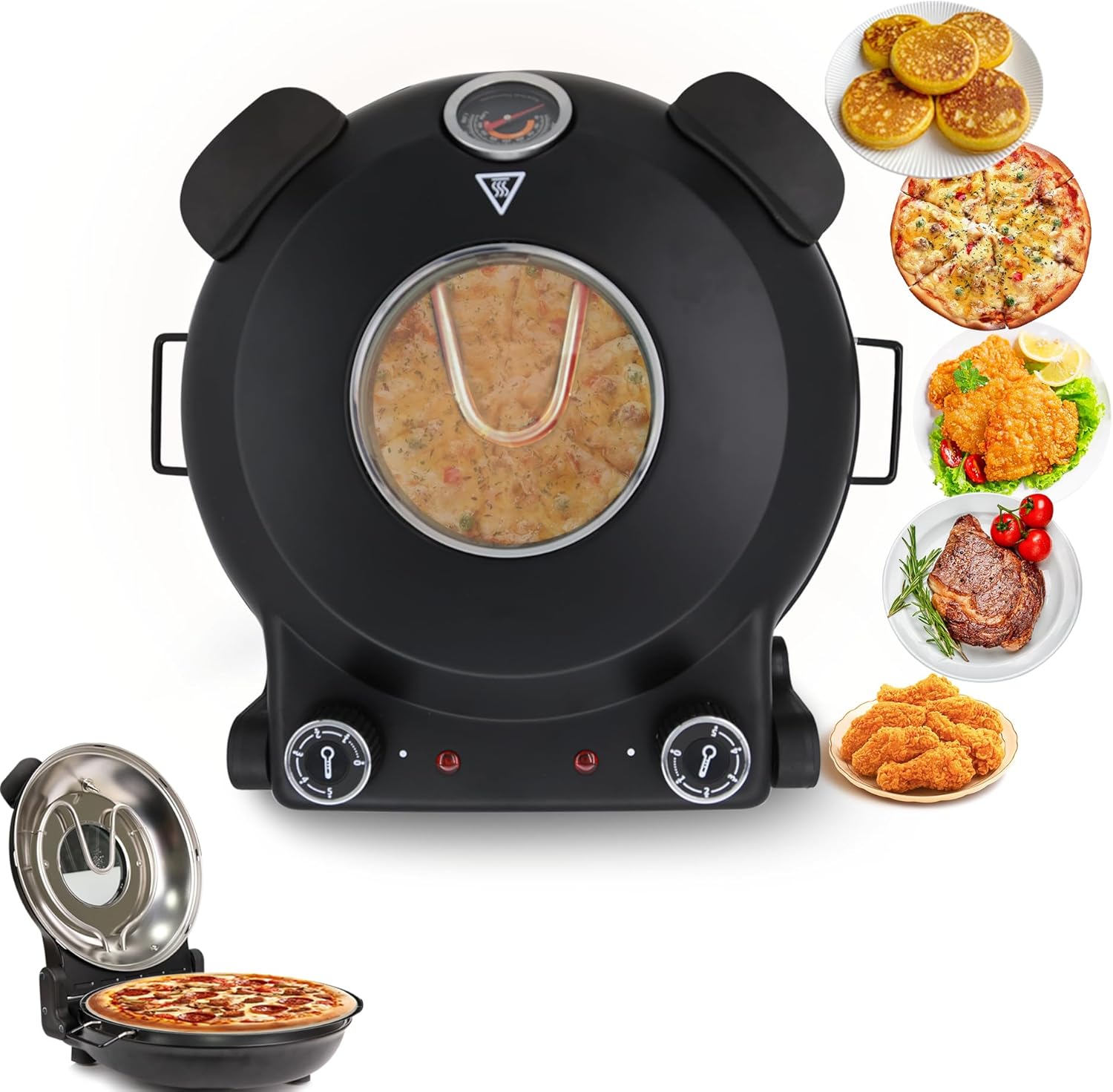 Electric Pizza Oven Indoor 12 Inch Countertop Pizza Oven Electric Pizza Oven Indoor Portable Pizza Cooker with Viewing Window, Timers, Check Pizza Cooking At Any Time, BLACK