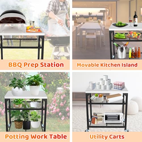 Outdoor Grill Table Cart Ninja Woodfire Outdoor Grill(OG700 Series),2024 Upgraded Thicken Double-Shelf Movable Pizza Oven Table, Stainless Kitchen Island, for Blackstone Griddle Stand Cart