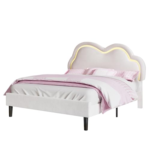 Jocisland LED Bed Frame Queen Size Velvet Upholstered Platform Bed with Adjustable Cloud Headboard, No Box Spring Needed, Easy Assembly, Cream