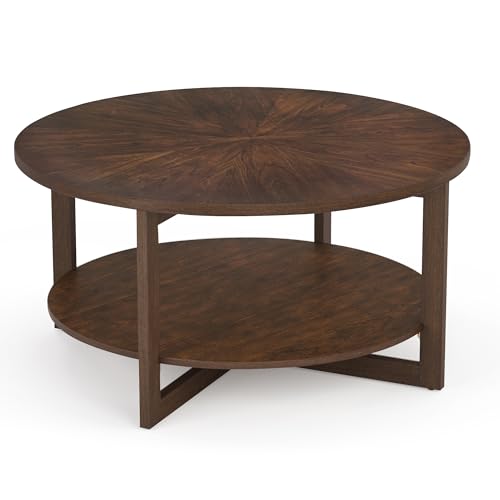 Round Coffee Table, 35" Rustic Modern Circle Coffee Tables with 2-Tier Storage Shelf, Sofa Table, Cocktail Table for Living Room, Dark Brown