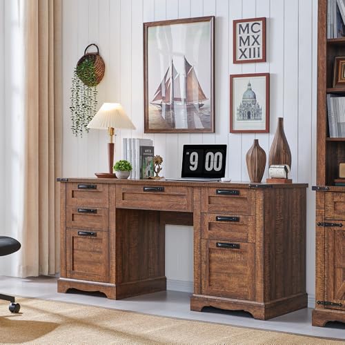 RedLemon 60" Farmhouse Executive Desk with Drawers, Wood Home Office Desk w/Charging Station, Keyboard Tray, File Drawer, Storage Cabinet, Rustic Computer Writing Desk (Natural Oak)