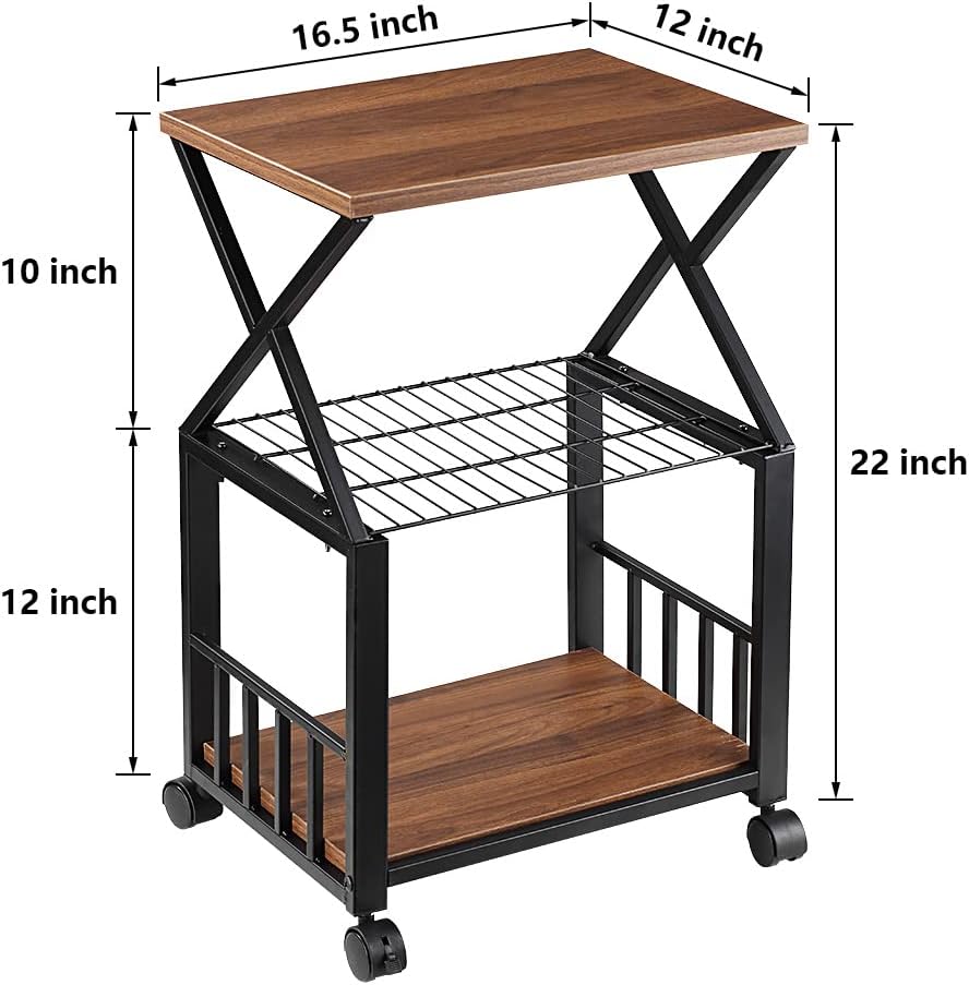 Mobile Printer Stand, Butizone 3-Tier Printer Shelf with Wheel, Rolling Printer Cart Under Desk, Storing Fax Machine, Scanner, Files, Books, for Home, Office, Kitchen, Rustic Brown