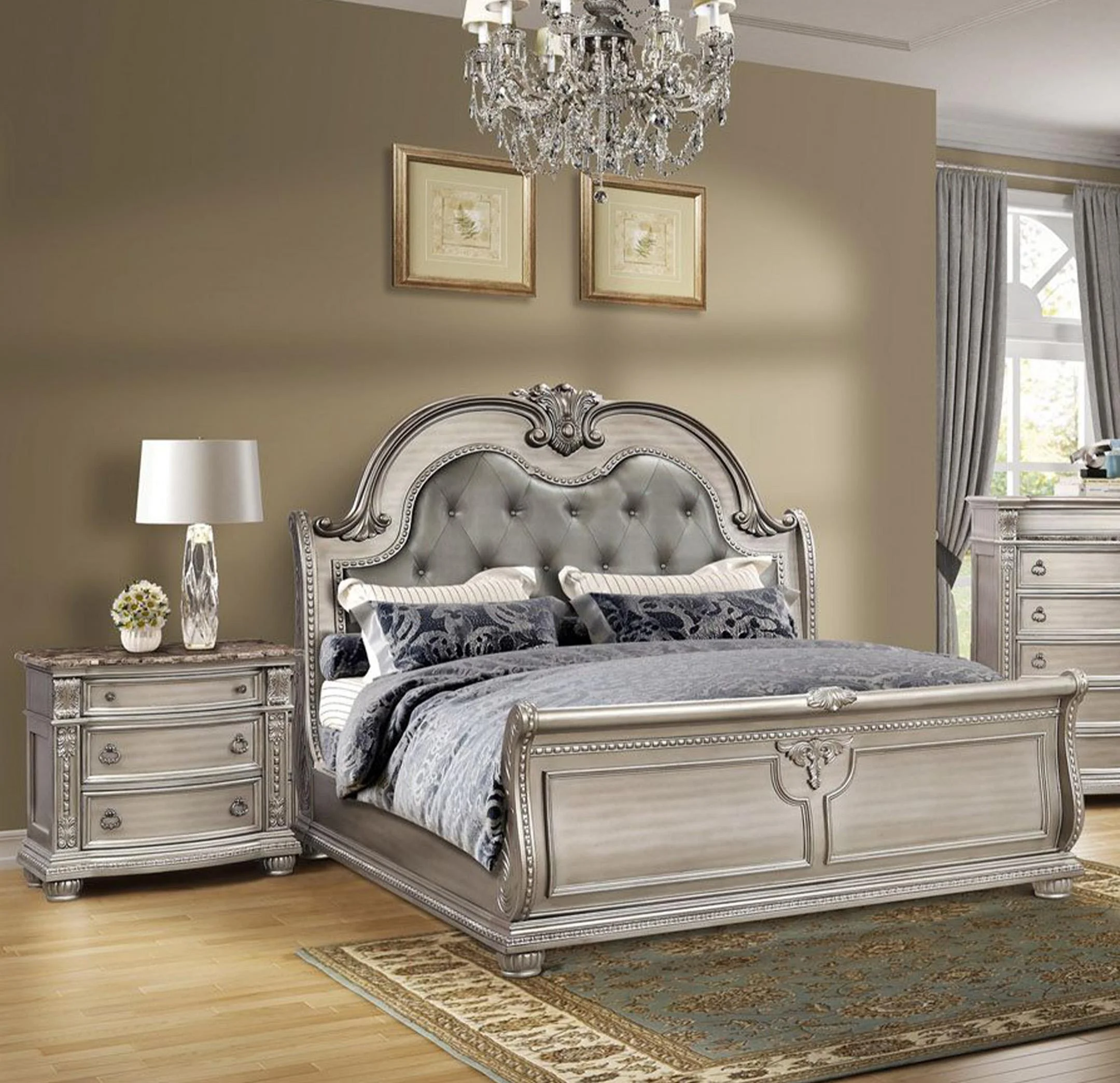 Antique Platinum Sleigh Queen Bedroom Set 5P B9506 Mcferran Classic Traditional