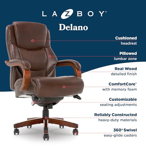 La-Z-Boy Delano Big & Tall Executive Office Chair, Ergonomic Mid-Back Body Pillow Lumbar Support, ComfortCore Memory Foam Cushion, Mahogany Wood Arms & Swivel Base, Bonded Leather, Chestnut Brown
