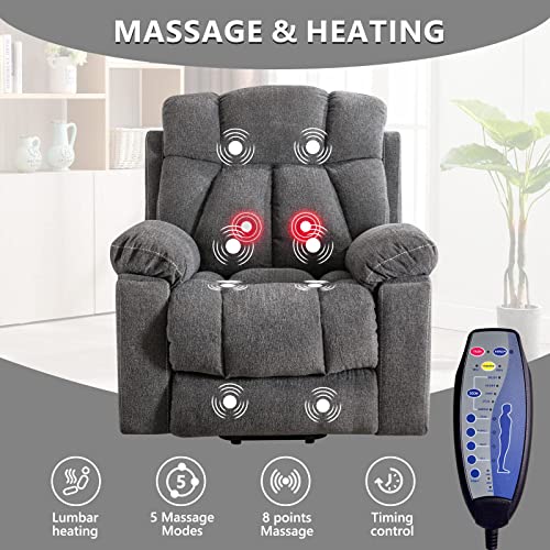 CANMOV Large Power Lift Recliner Chair with Massage and Heat for Elderly, Heavy Duty Motion Reclining Mechanism-Anti Skid Fabric Recliner Chair with 2 Concealed Cup Holders,Light Gray