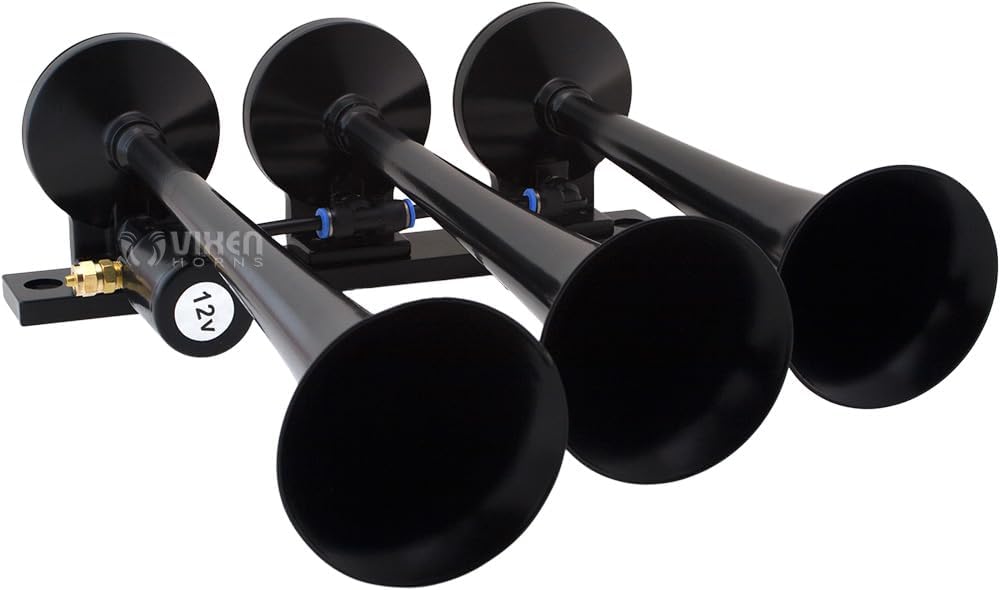 Vixen Horns Train Horn Kit for Trucks/Car/Semi. Complete Onboard System- 150psi Air Compressor, 1.5 Gallon Tank, 3 Trumpets. Super Loud dB. Fits Vehicles Like Pickup/Jeep/RV/SUV 12v VXO8715B/3118B