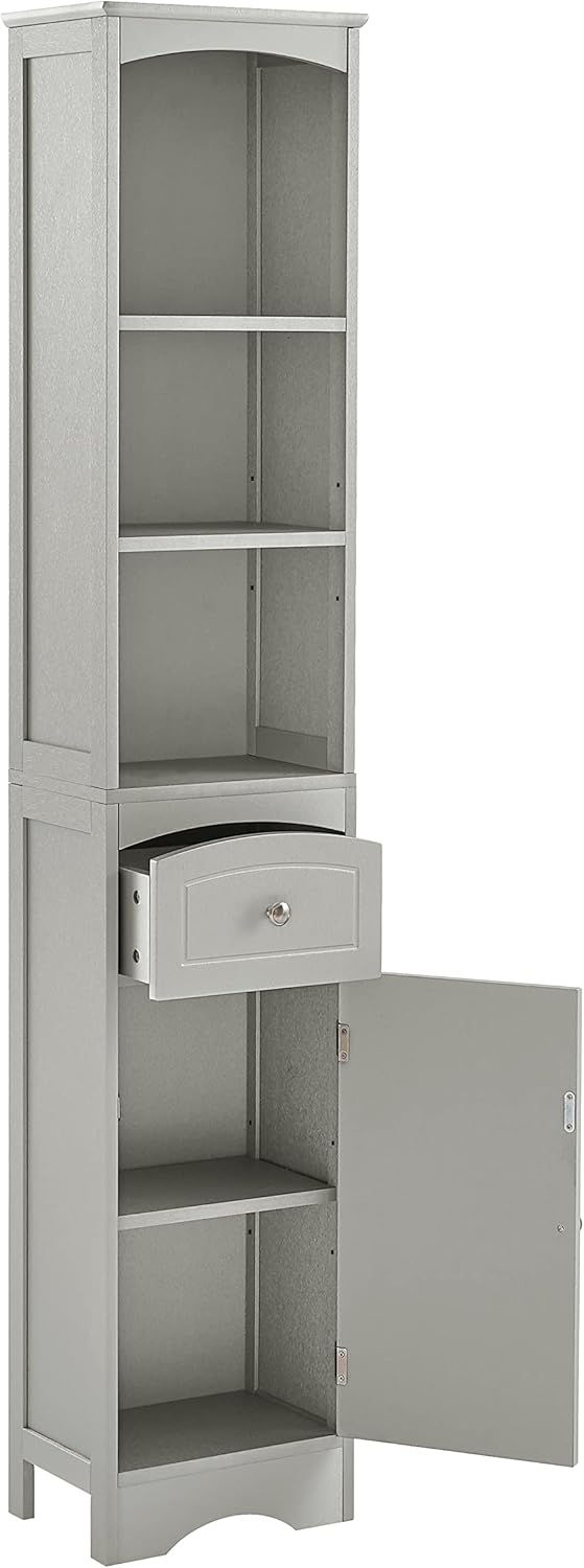 Tall Slim Bathroom Storage, Narrow Freestanding Floor Cabinets Tower w/ 3-Tier Adjustable Shelf and 1 Drawer for Home, Kitchen, Living Room, Anti-Tipping, 13.4" L x 9.1''W x 66.9''H, Grey