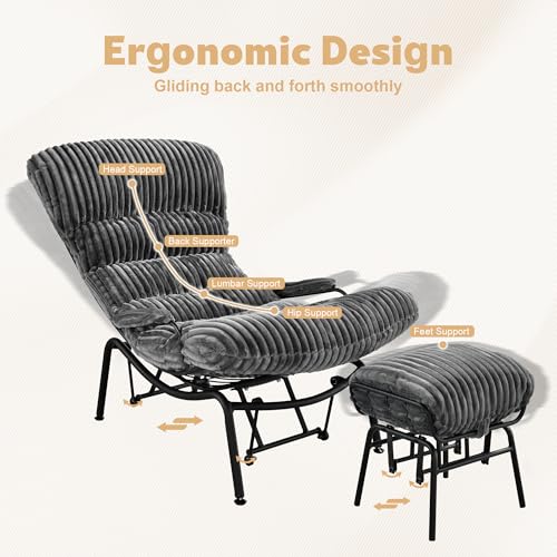 ovios Rocking Chair with Ottoman, Glider Chair with Foot Rest, Plush Corduroy Recliner with Arms, Comfy Lounge Chair for Living Room Bedroom Home, Grey