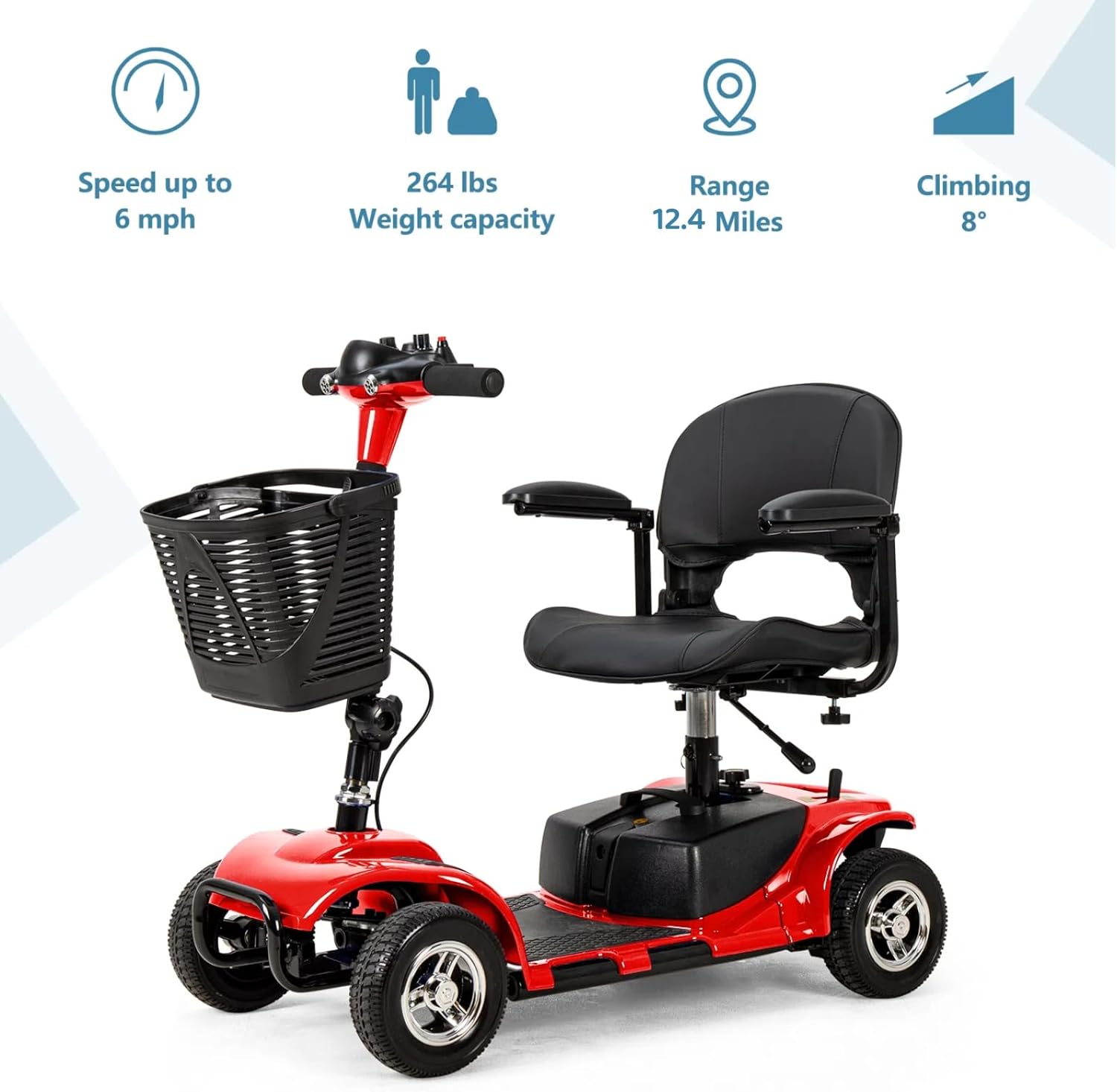 4 Wheel Mobility Scooter, Electric Power Mobile Scooters with Lights, Basket and Extended Battery, Collapsible and Compact Duty Travel Scooter w/Height-Adjustable Swivel Seat, for Seniors Adult, Red