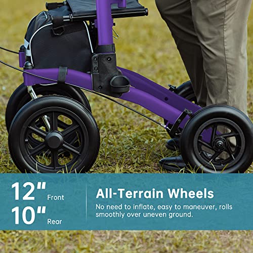 ELENKER All-Terrain Upright Rollator Walker, Stand Up Rolling Walker with Non-Pneumatic Tire 12” Front Wheels, Compact Folding for Seniors, Champagne