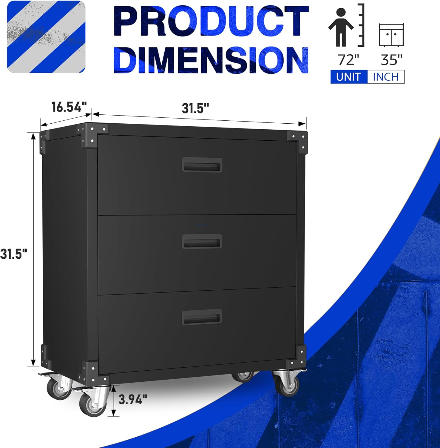 Aobabo 3 Drawer Metal Storage Cabinet with Wheels, Black Garage Storage Cabinet for Garage Home Office Business Storage,Assembly Required