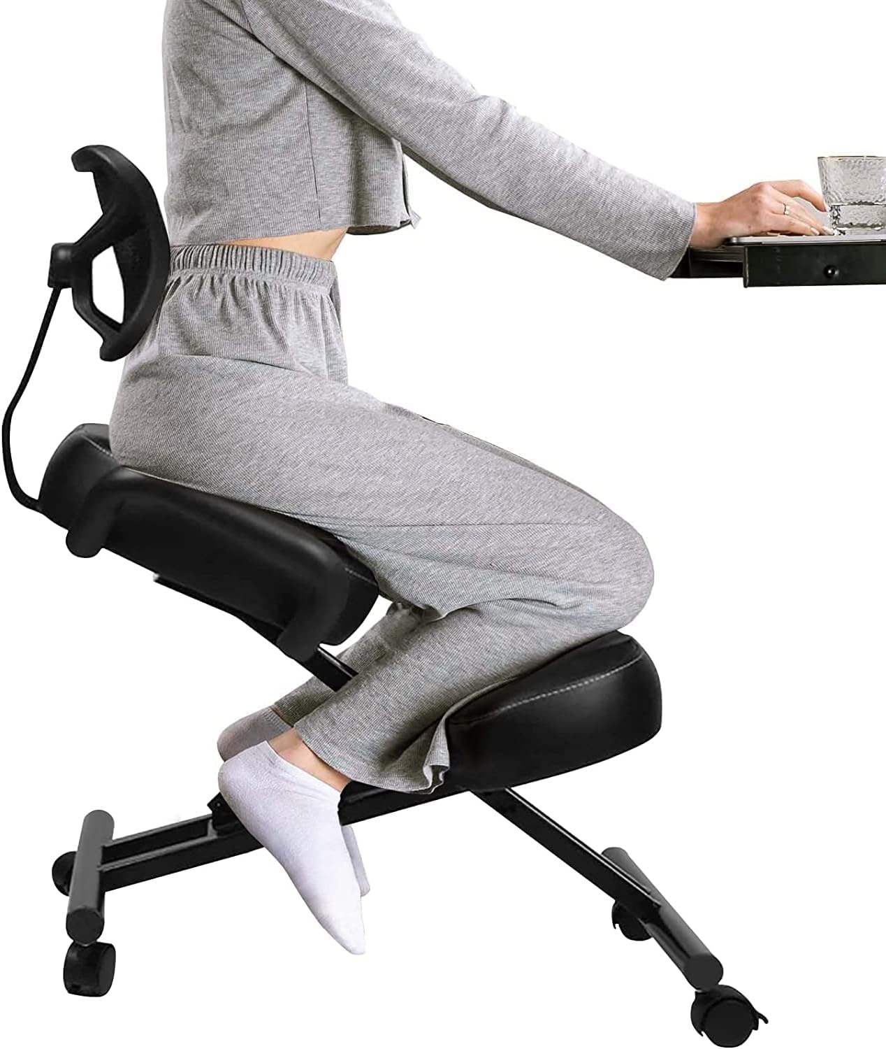 Kneeling Chair Office Kneeling Chair with Back Support, Ergonomic Posture Correction Office Stool with Comfortable Adjustable Seat Cushion and Fixed Rollers, Relieve Pressure,Black