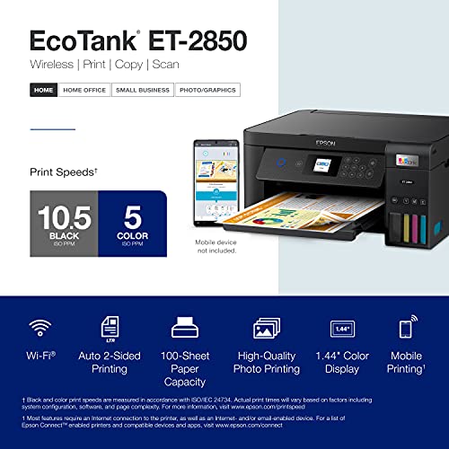 Epson EcoTank ET-2850 Wireless Color All-in-One Cartridge-Free Supertank Printer with Scan, Copy and Auto 2-sided Printing - White (Renewed)