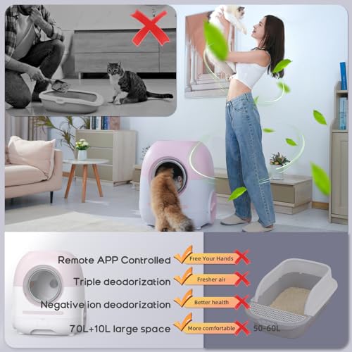 Self Cleaning Cat Litter Box, Automatic Cat Litter Box Self Cleaning for Multiple Cats, 2.4G/5G WiFi Support, Anti-Pinch/APP Control/Odor Removal Automatic Litter Box 1s Fast Link/100L Large Capacity