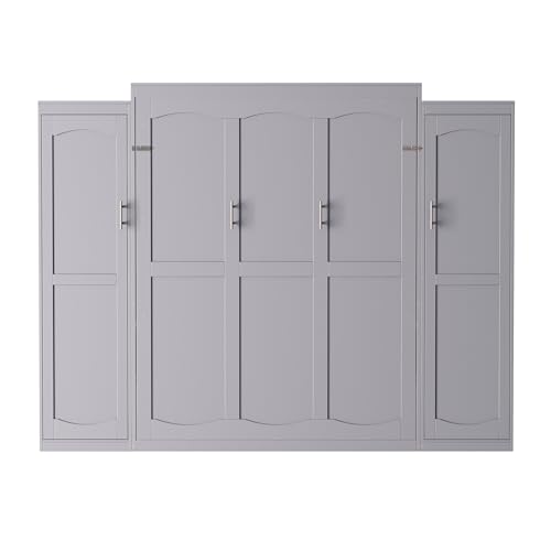 KLMM Wooden Murphy Bed Wall Bed with 2 Wardrobe and Storage Shelf,Foldable Platform Bedframe for Guest-Room Bedroom Study Office Use (White#E, Full)