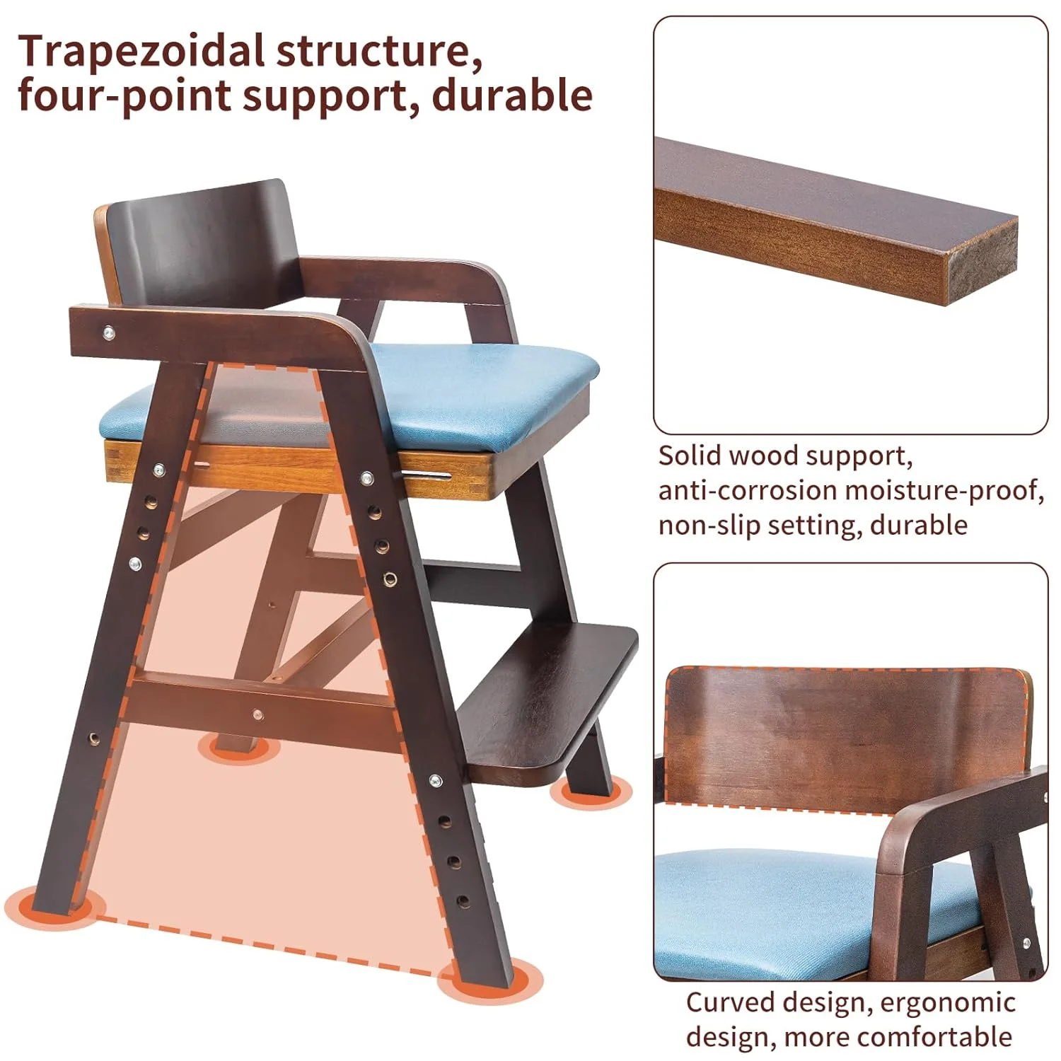 Wooden High Chair for Toddlers, Adjustable Toddler High Chair, 8 Levels Adjustable High Chair for Toddlers, Wooden Highchair with High Rebound Waterproof Cushion for Dining, Studying, Step Tool