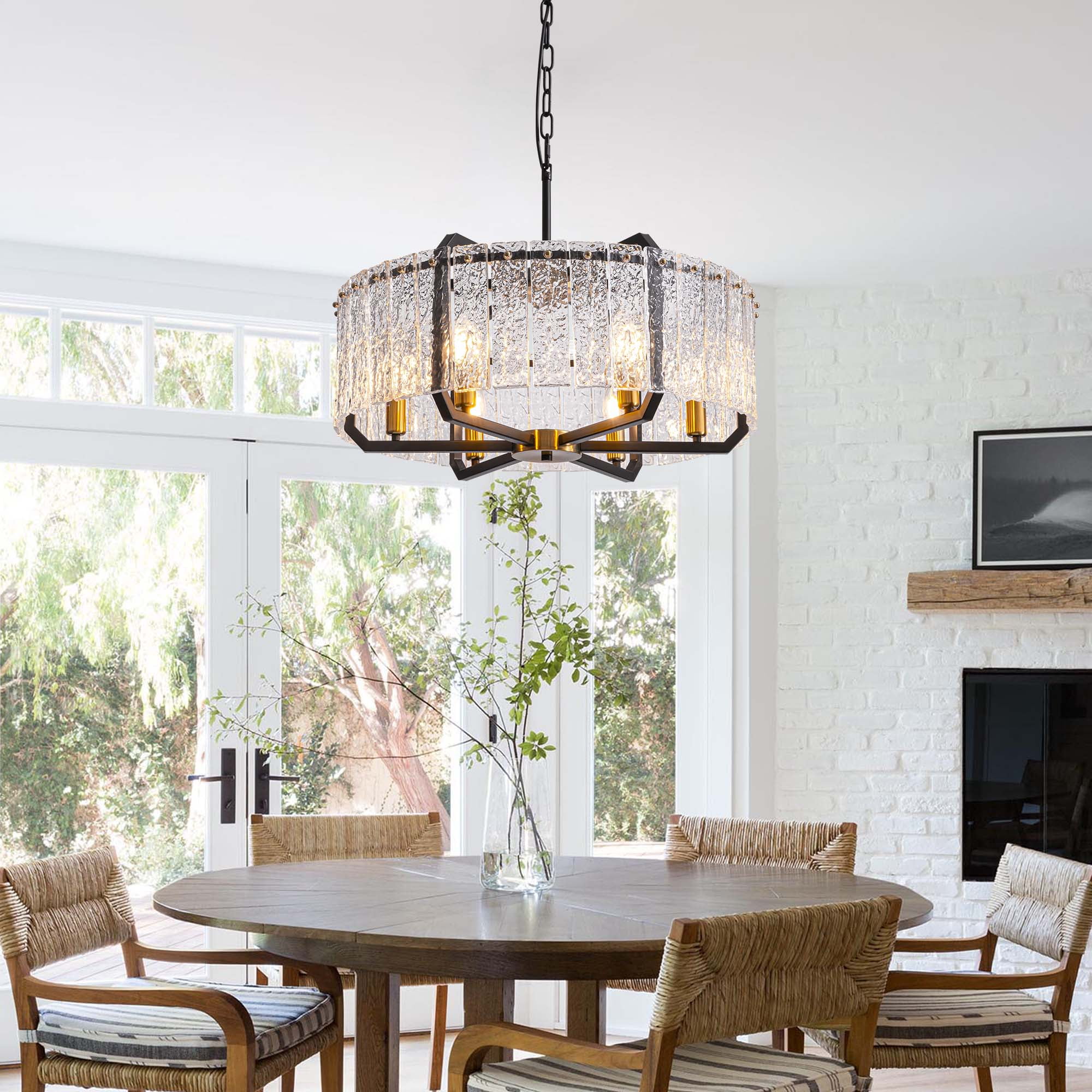 HOOMEDELIER Modern Crystal Chandeliers Lighting for Dining Room,  6-Light Luxury Water Ripple Glass Black Ceiling Light Fixture, Round Drum Chandelier for Kitchen Island, Entryway, Farmhouse 25"D*11"H