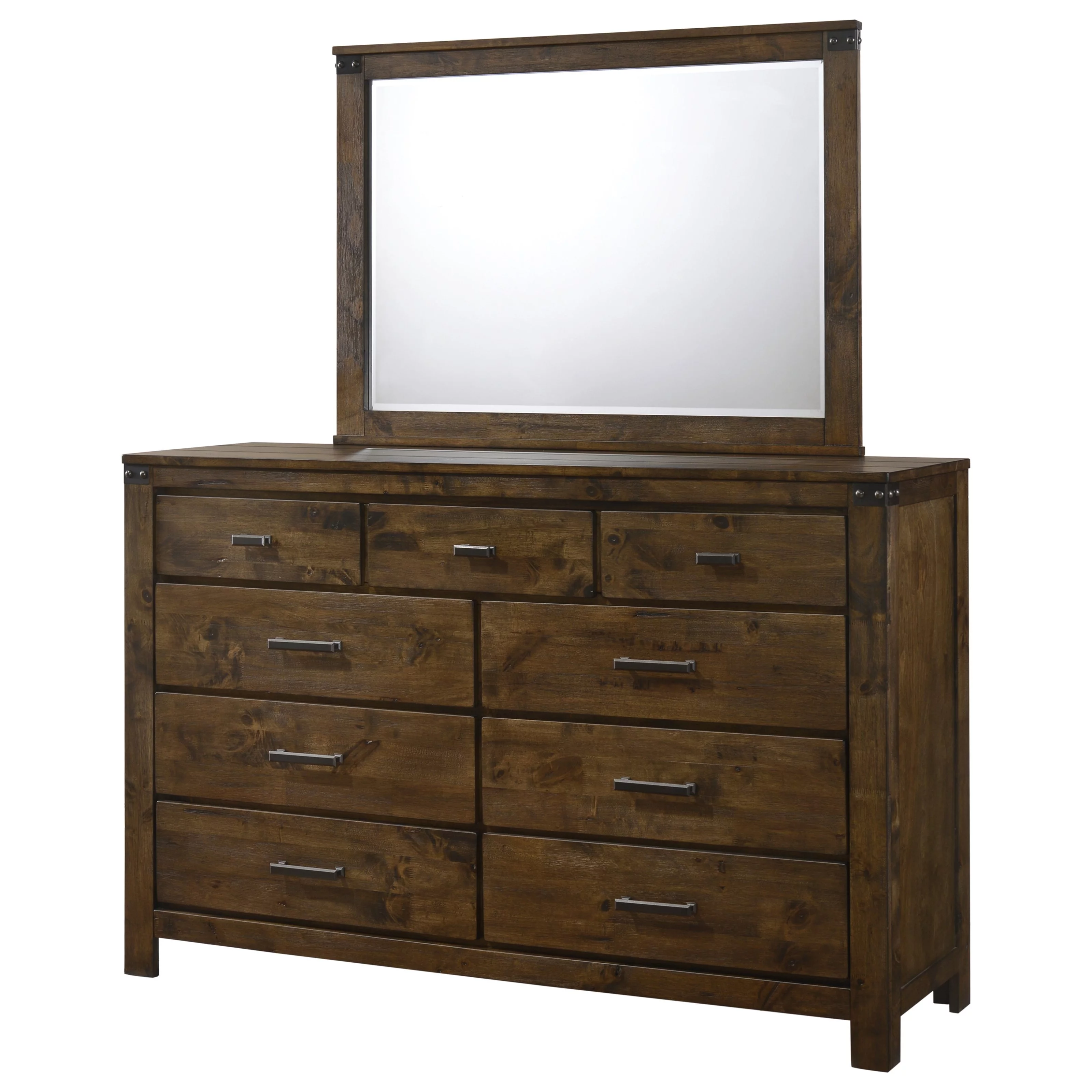 6pc Contemporary Rustic Finish Queen Size Bedroom Set Bed Dresser Mirror Nightstand Chest Wooden Home Furniture