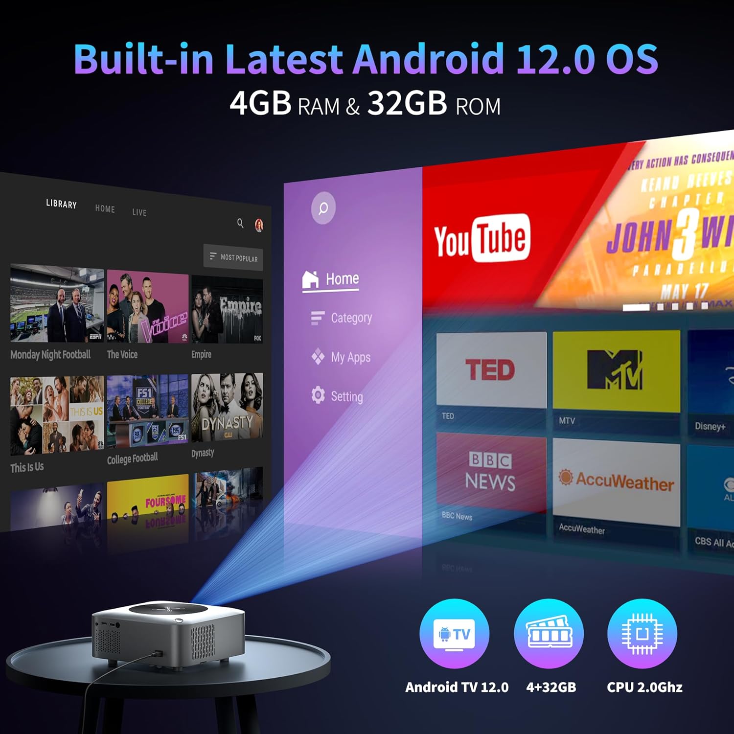 【★Netflix Certified★Android 12.0|4+32GB|★Built-in Youtube/Prime Video/Disney+】4K Smart Projector, Outdoor Projector with 5G WiFi and Bluetooth, HDMI/USB/Smartphone/TV Stick |Digital Focus|ZOOM Support