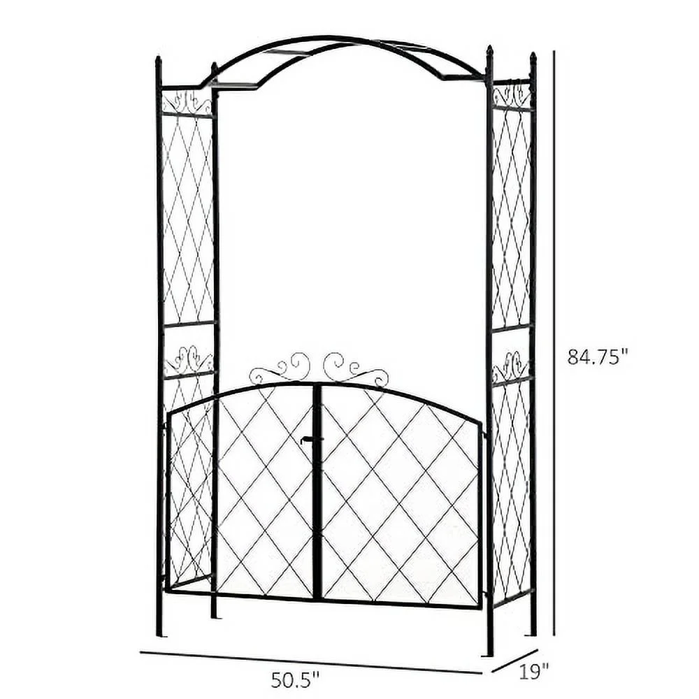 Outsunny 85" Garden Arch Arbor, Metal Arch Trellis with Gate, Garden Archway for Climbing Vines, Wedding Ceremony Decoration, Black - Curated Treasures Market
