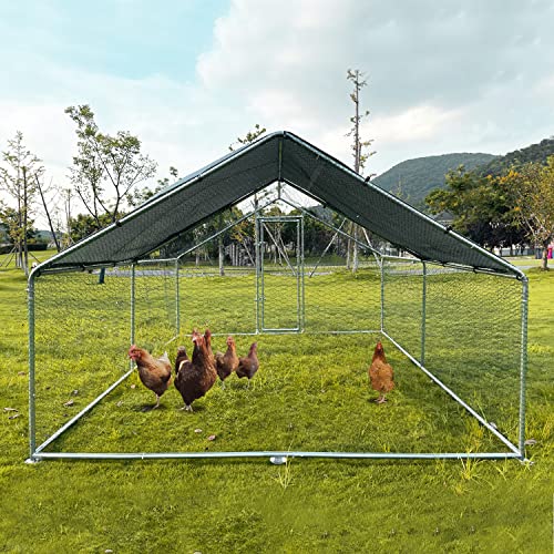 Large Metal Chicken Coop Walk-in Poultry Cage Chicken Run Pen Dog Kennel with Waterproof and Anti-Ultraviolet Cover for Outdoor Farm Use(9.8' L x 19.7' W x 6.4' H)