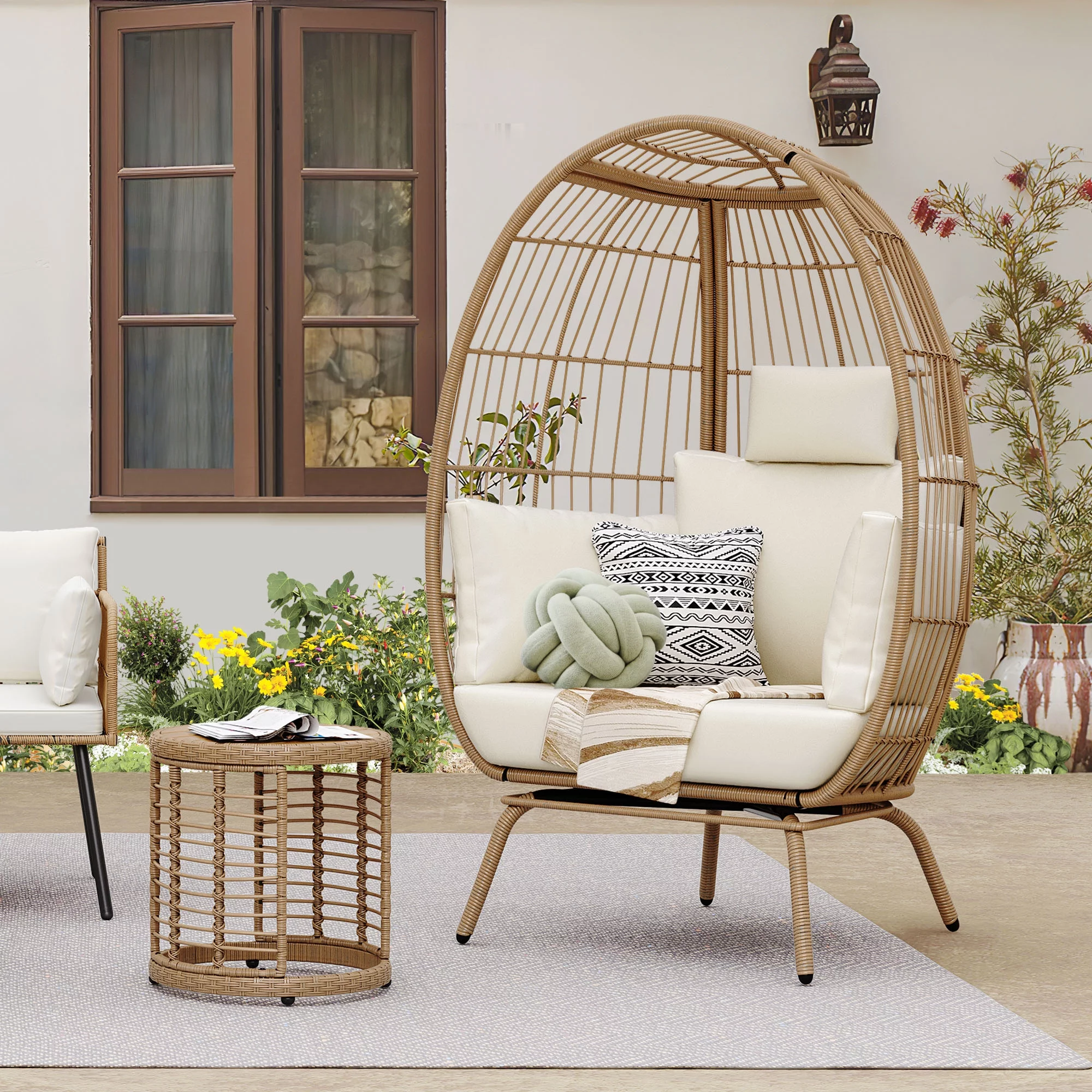 DWVO 2-Piece Wicker Egg Chair with Coffee Table Outdoor Indoor Oversized Lounger with Stand, Table, Cushions, Egg Basket Chair for Patio Backyard Porch - Beige