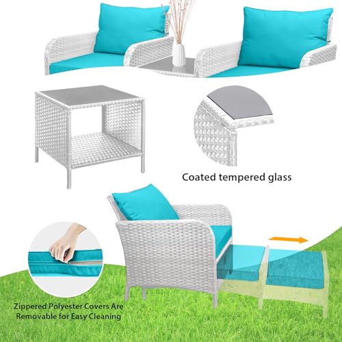LEVELEVE Balcony Furniture 5 Piece Patio Conversation Set, PE Wicker Rattan Outdoor Lounge Chairs with Soft Cushions 2 Ottoman&Glass Table for Porch, Lawn-Brown Wicker