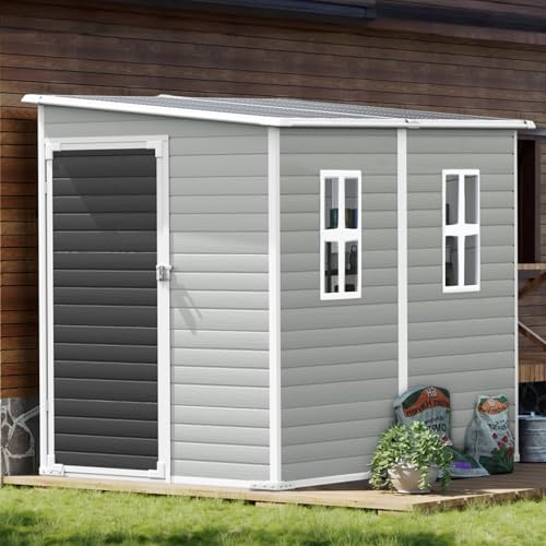 8x6x7 FT Resin Storage Shed, Waterproof Outdoor Storage Shed w/Floor, 2 Windows, Double Lockable Doors & Vents, Tool Shed for Patio Garden, Lawn, Backyard, Dove Grey