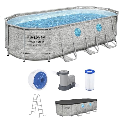 Bestway Power Steel Swim Vista Series II 14' x 8' 2" x 39.5" Above Ground Outdoor Swimming Pool Set with 530 GPH Filter Pump, Ladder, and Pool Cover