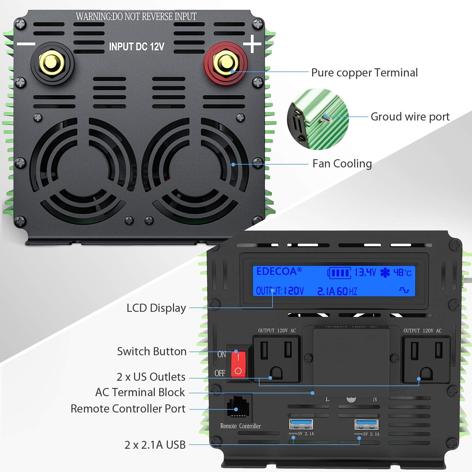 EDECOA 3000 Watt Power Inverter DC 12V to AC 110V 120V for Car Truck RV with LCD Display and Remote Controller