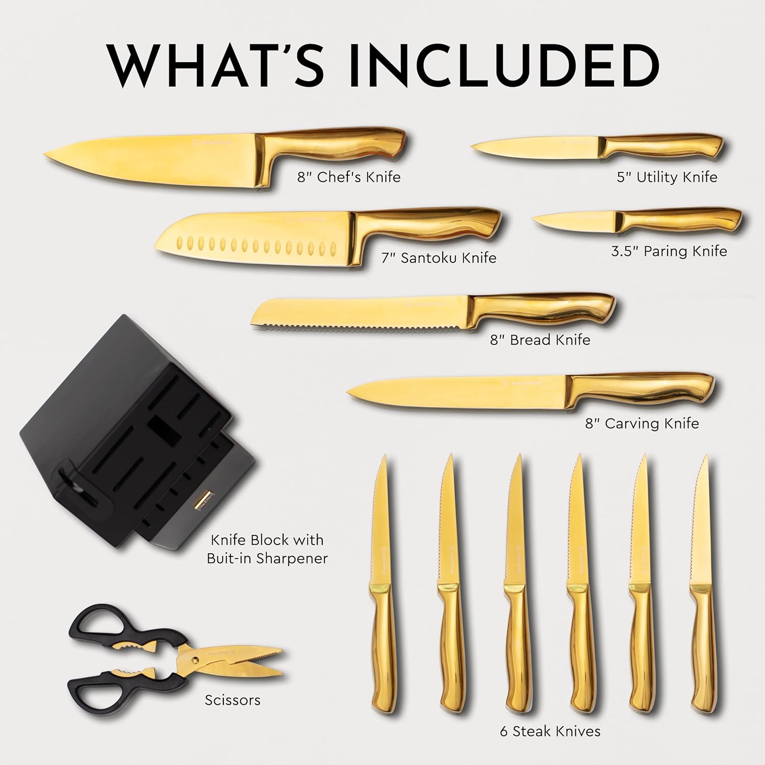 Black and Gold Knife Set with Block Self Sharpening, Black Utensil Holder with Built-In Ceramic Spoon Rest and Gold Cooking Utensils Set-21 Piece Luxe Black and Gold Kitchen Accessories