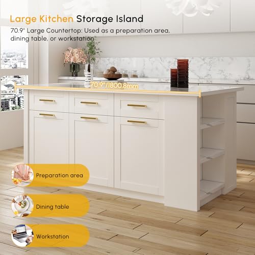 homary 72'' Kitchen Islands with Storage Modern White Kitchen Table with Seating & 3 Drawers Dining Table