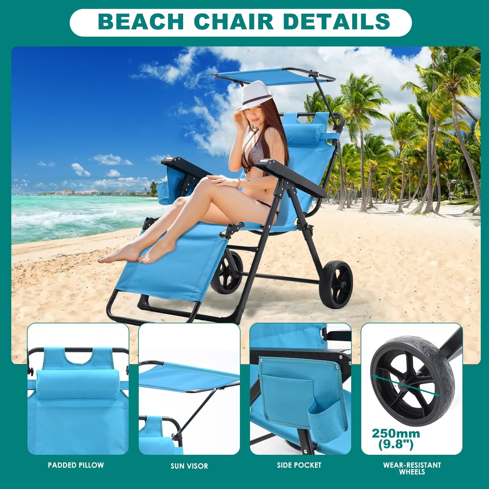 MOPHOTO Canopy Beach Chair Support 300bls, 2 in 1 Beach Cart Chair with Large Wheels, Outdoor Sunbathing Folding Beach Tanning Chair Sun Chair with Shade, Perfect for Beach, Backyard, Pool