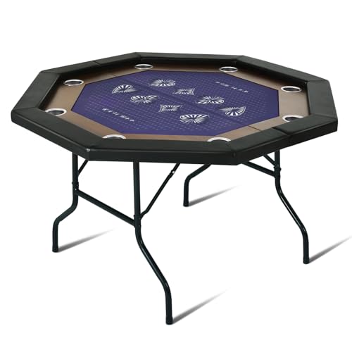 8 Players Poker Table Foldable,50inch Upgraded Folding Octagon Casion Table, Portable Texas Holedem Table w/Stainless Steel Cup Holders, Water-Resistant Cushioned Rail (Brown)
