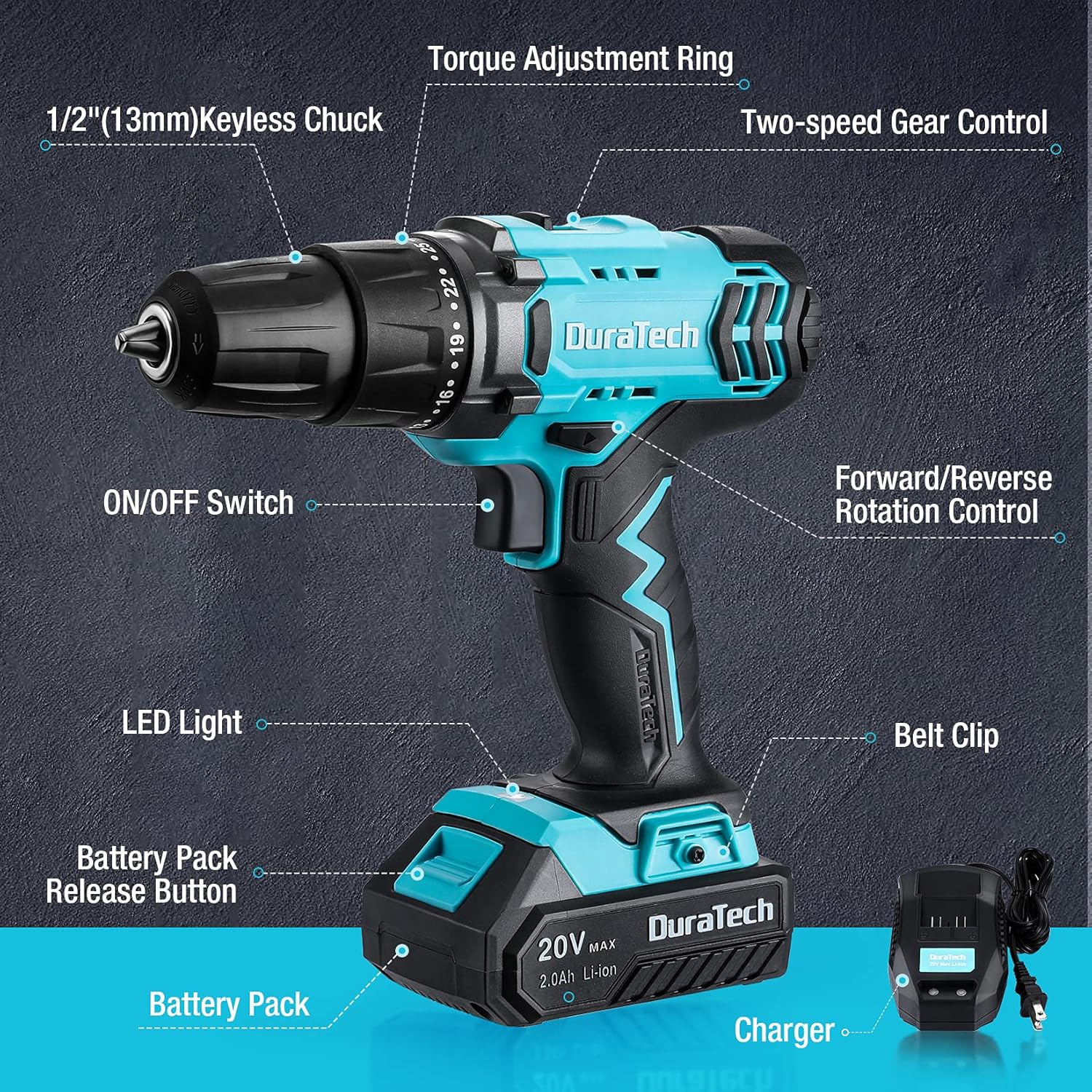 DURATECH 20V Cordless Drill, Electric Power Drill Driver Set with 1/2” Keyless Chuck, Variable Speed, 25+1 Torque Settings, 350 In-lbs Torque and 16pcs Drill Bits, Drill Tools Kit for Home Improvement Pack of 2